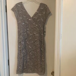 Scarlett Taupe Sequin Lace V-Neck Midi Dress